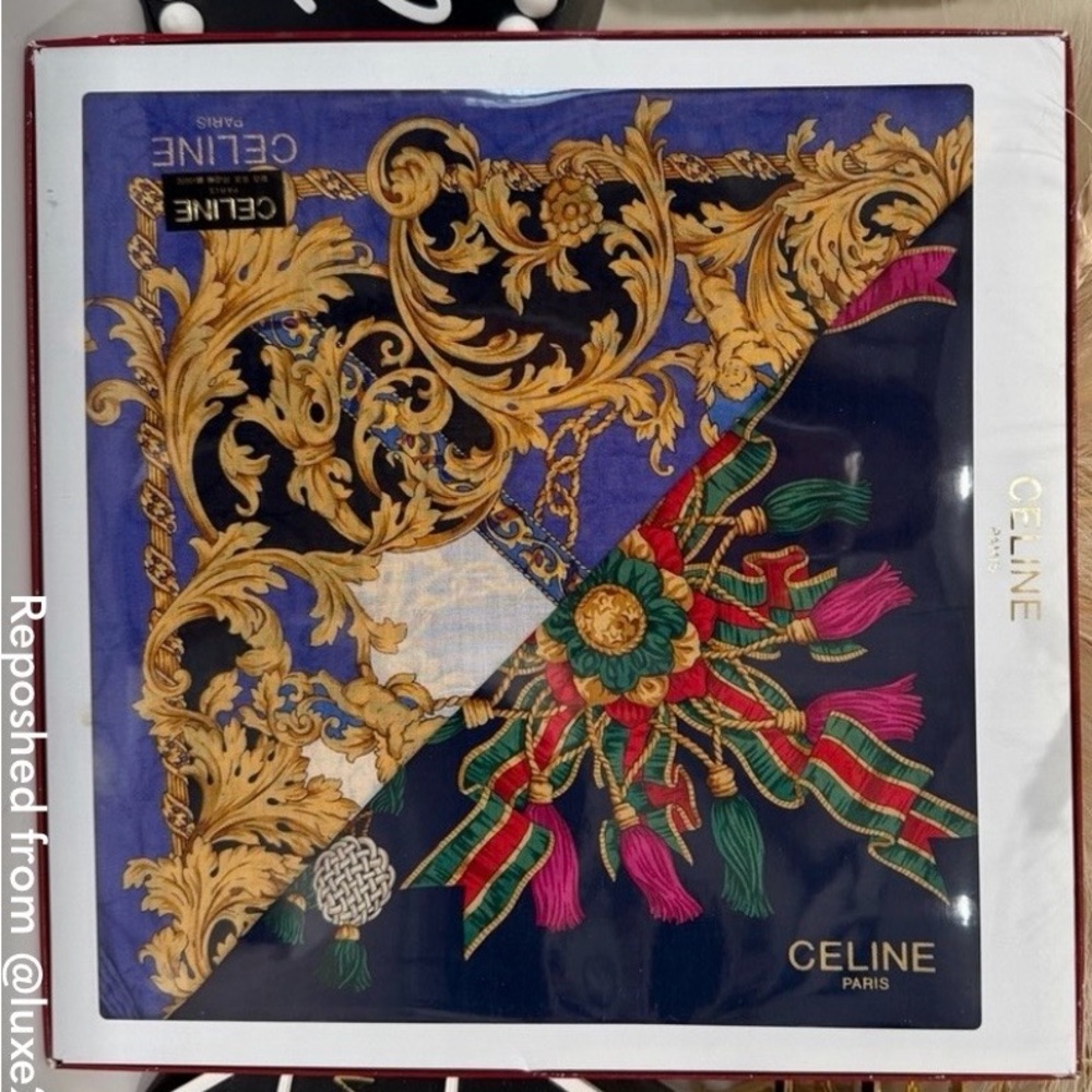 Celine Navy Blue, Gold & Green Baroque Silk Scarf